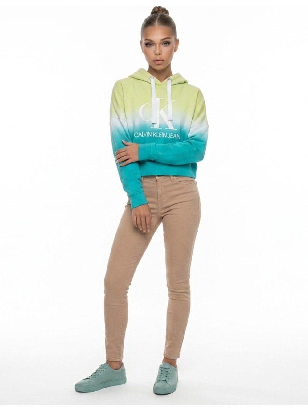 Calvin Klein Ombre Cropped Hoodie in Lime and Teal Sz L Cotton Poly Hand Made